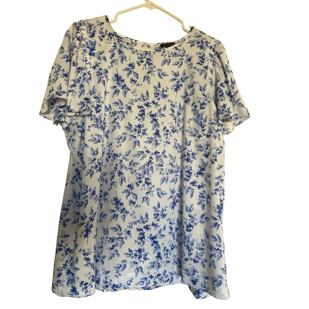 Ann Taylor Top Women L Blue White Floral Sleevelevess Ruffle Collar Buttons